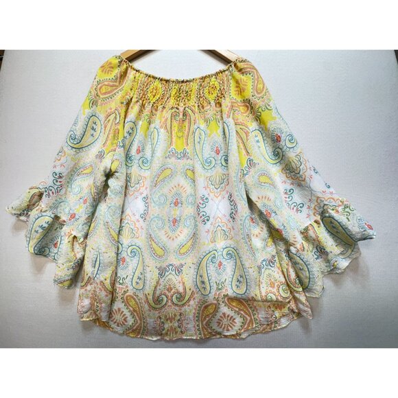 Zac & Rachel Off Shoulder Blouse Top Womens 2X Yellow Paisley Floral Smocked - Picture 10 of 13